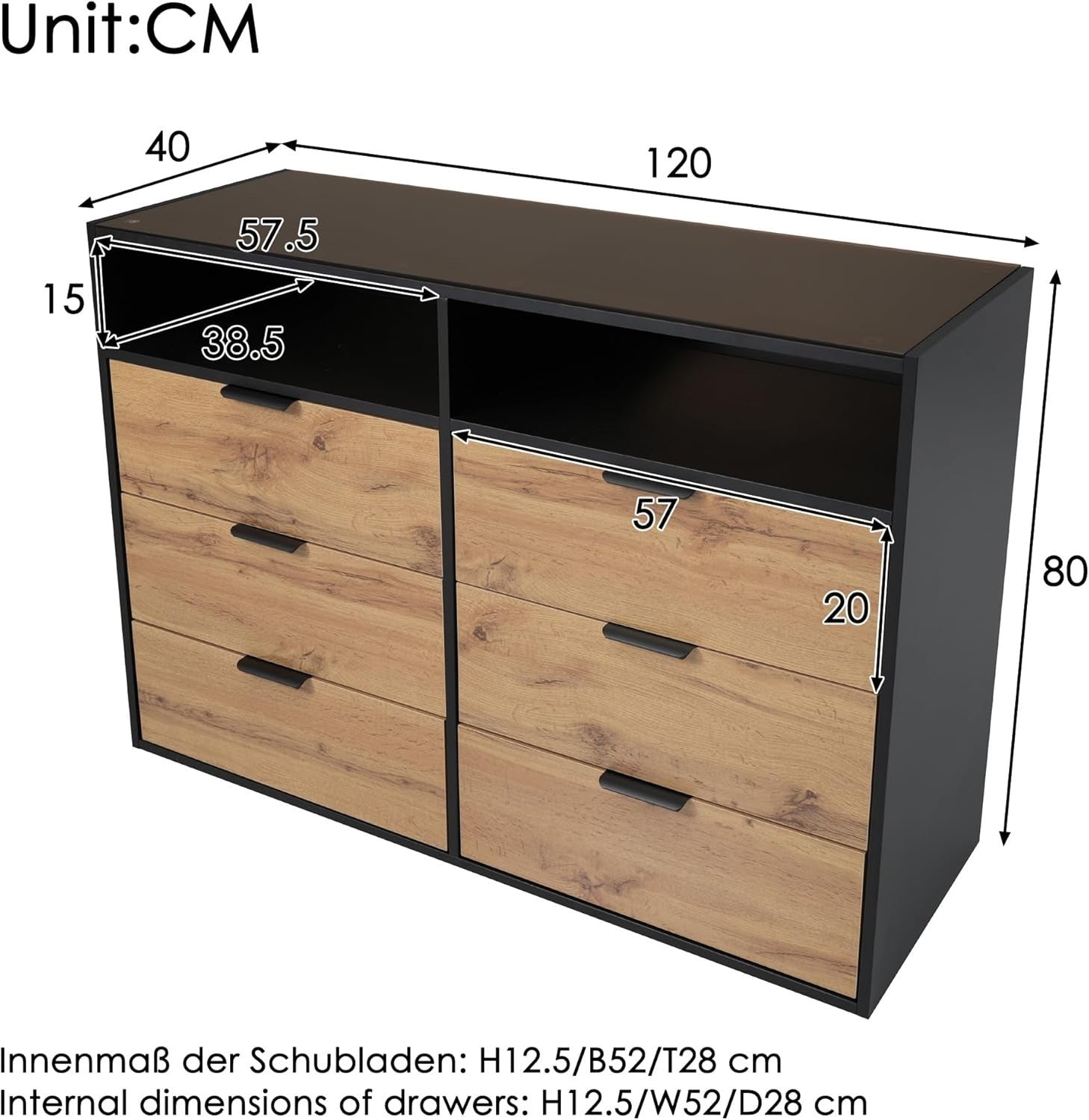 Oak Sideboard Cabinet 6 Drawers 2 Open Shelves 120x40x80cm Anti-Tip
