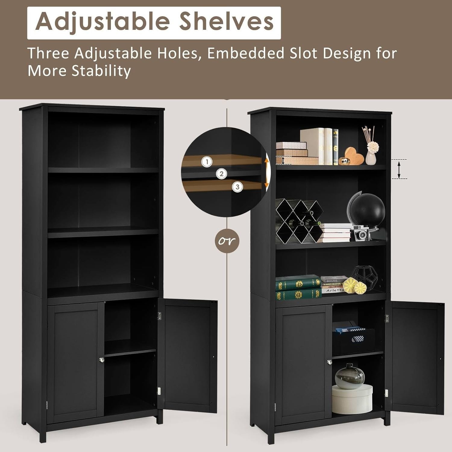 Tall Black 5-Tier Storage Cabinet with Doors, Adjustable Shelves, Freestanding