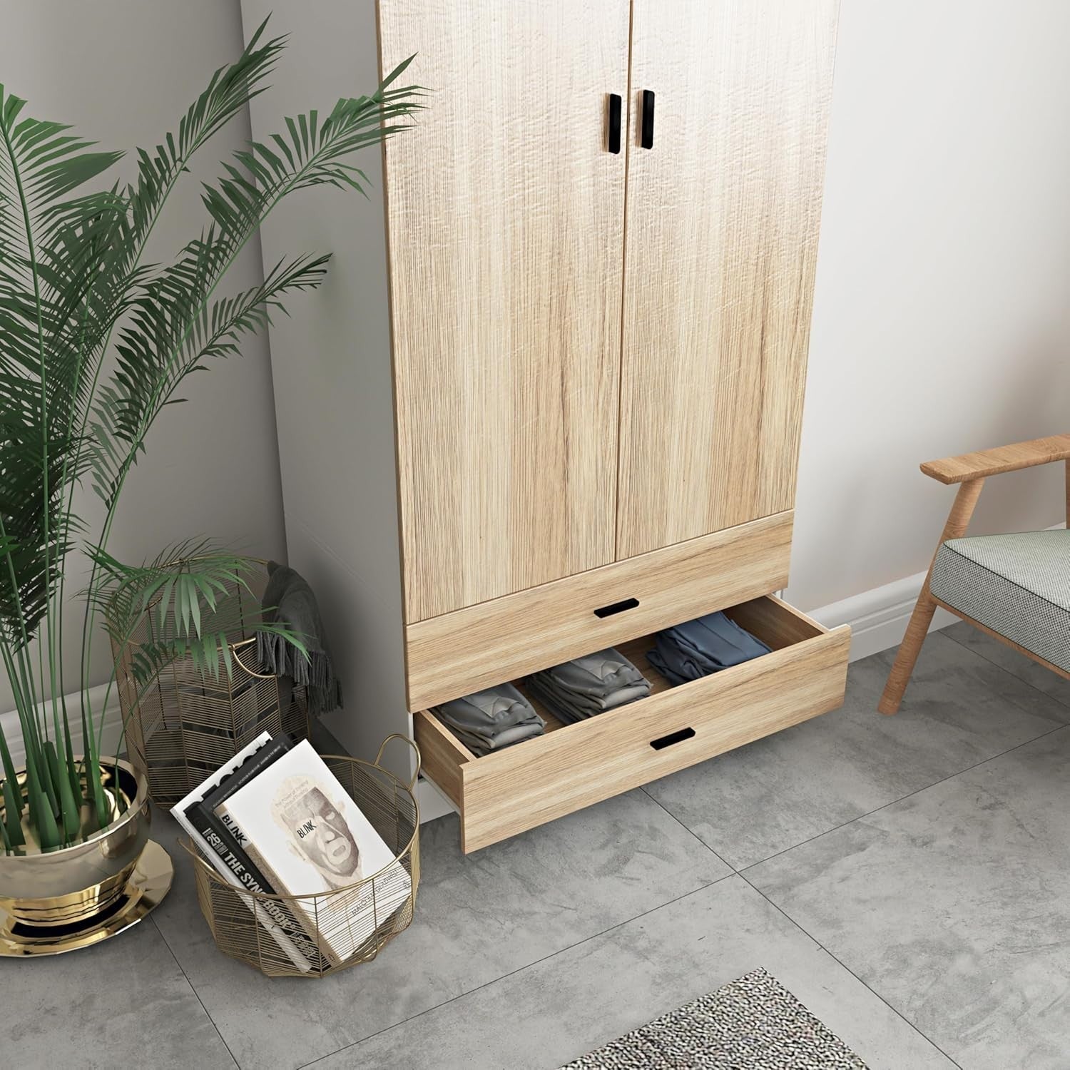 2 Door Wardrobe Oak Drawers Storage Unit With Rail for Bedroom Clothes