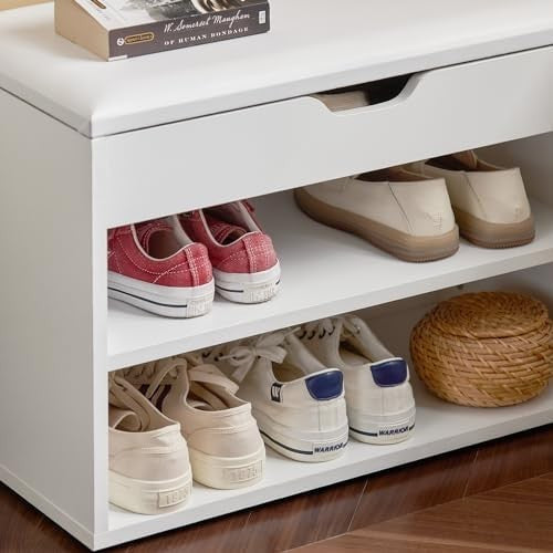 White Shoe Storage Bench with Padded Seat & 2 Tiers – Hallway Rack