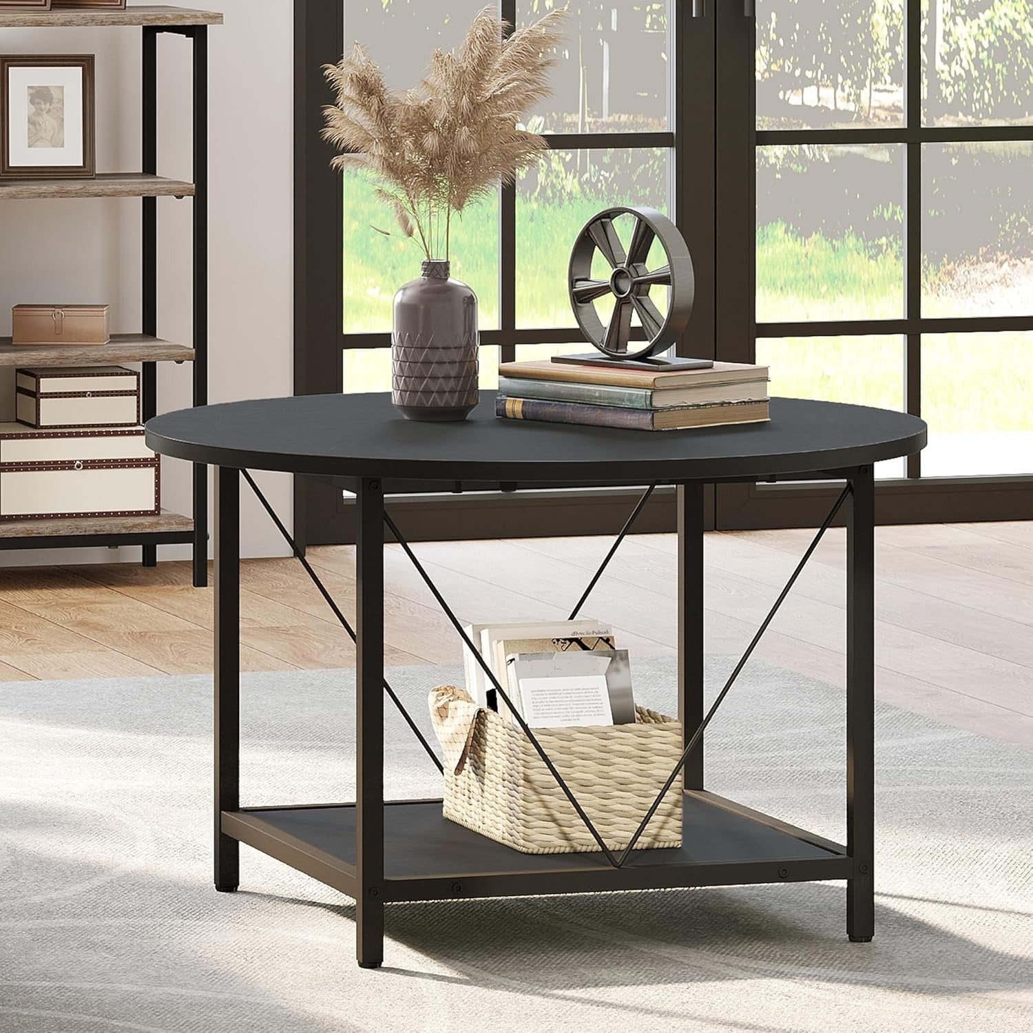 Round Coffee Table with Storage Shelf 80cm Industrial Rustic Metal Legs Black