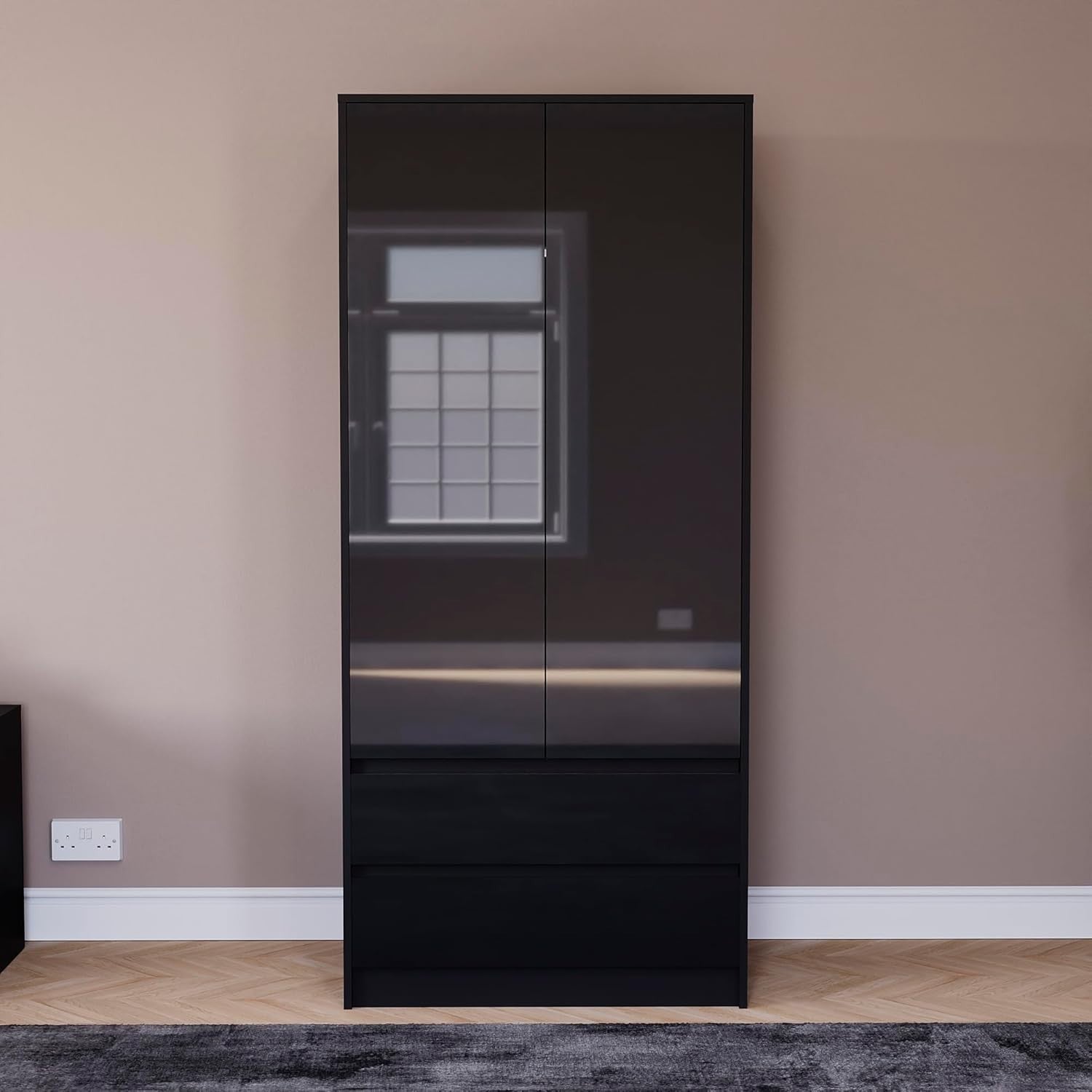 Modern 2 Door Black Wardrobe with 2 Drawers, Hanging Rail & Easy Assembly