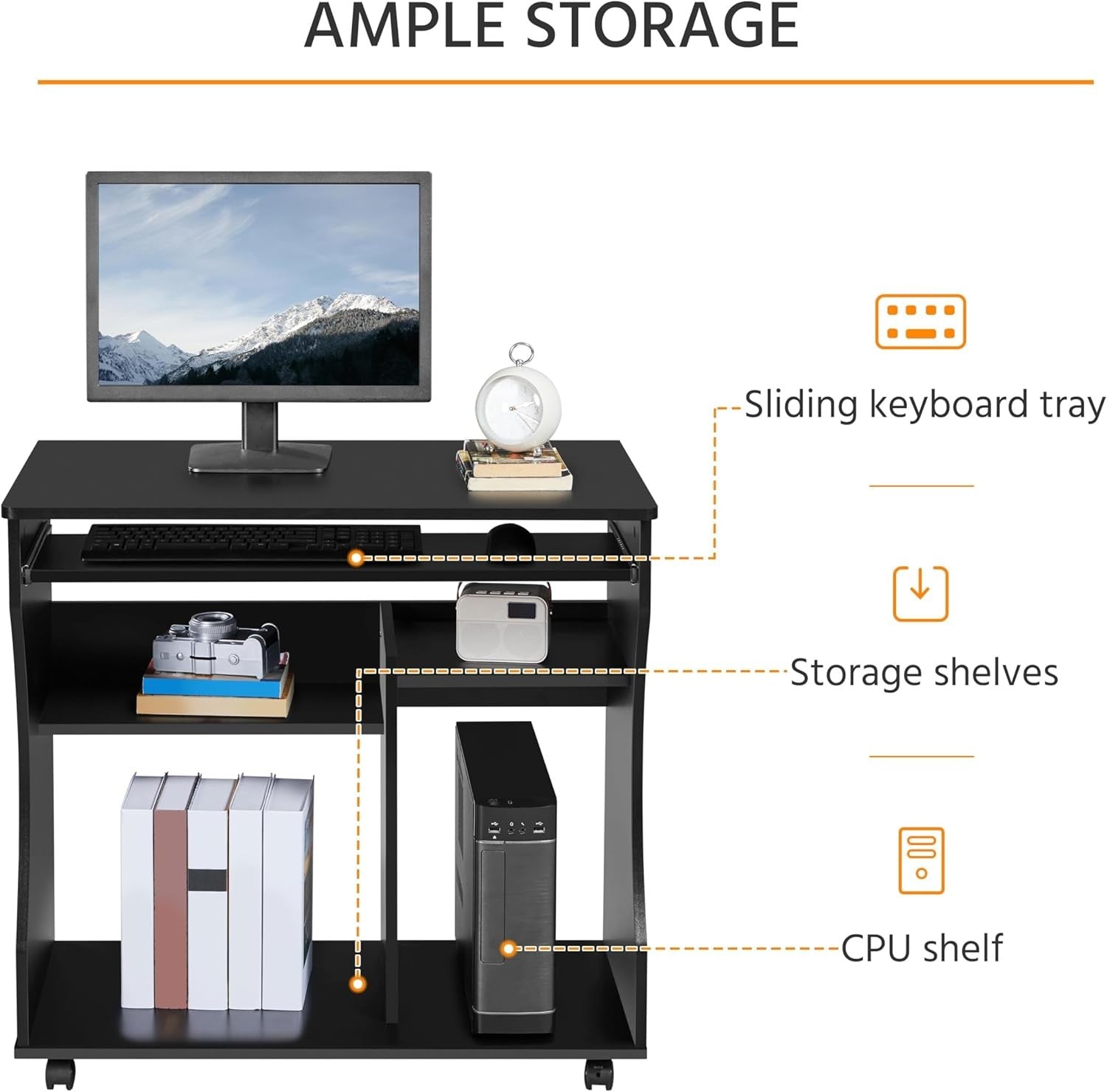 Compact Computer Desk on Wheels with Keyboard Tray Storage Shelves Small Office