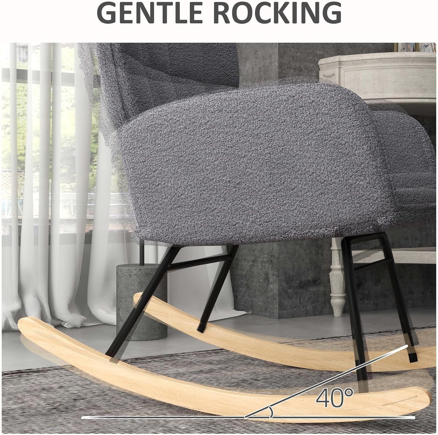 Fleece Wingback Rocking Chair with Wood Base – Comfy Lounge Armchair