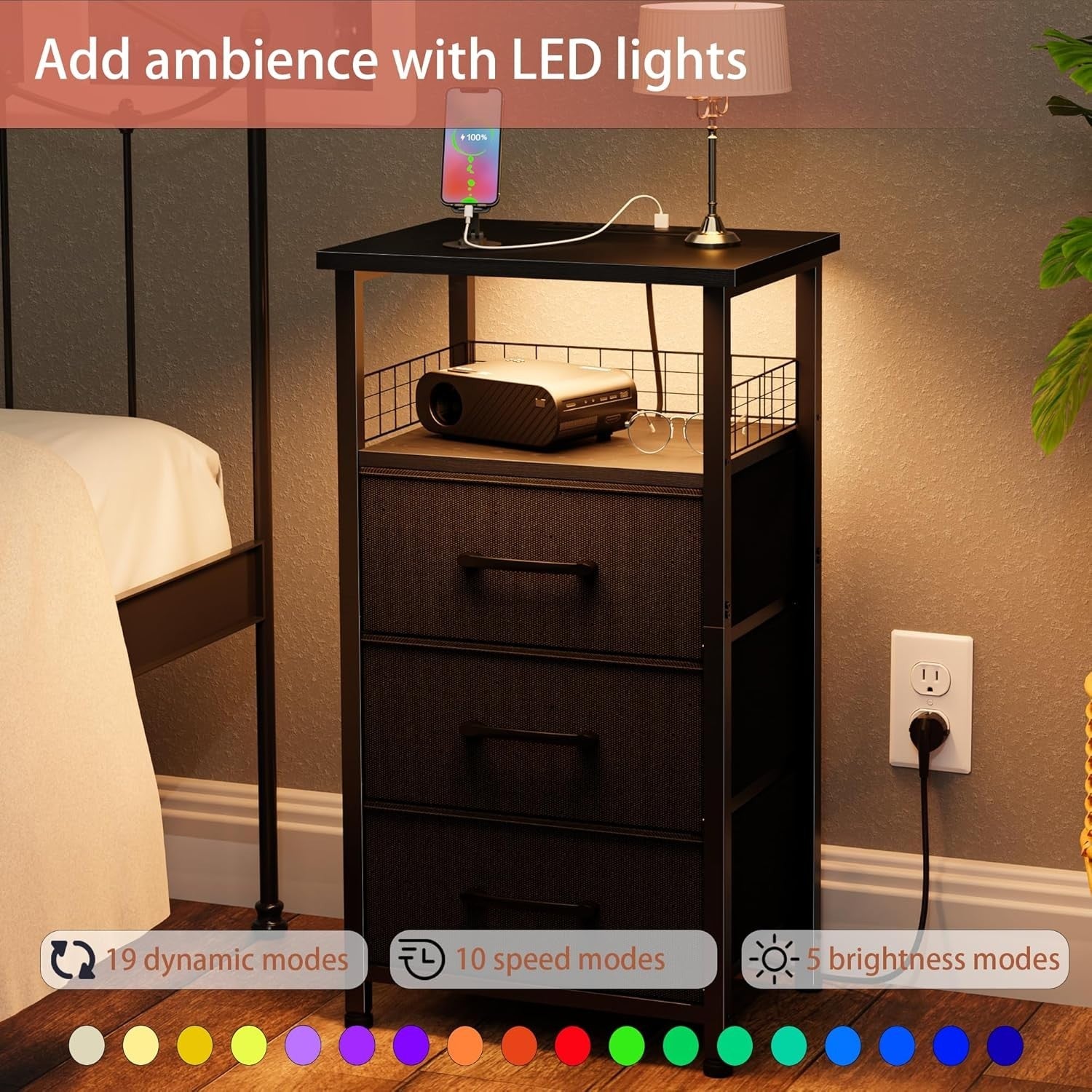 Set of 2 Black LED Bedside Tables with 3 Drawers, USB Ports & Power Outlets