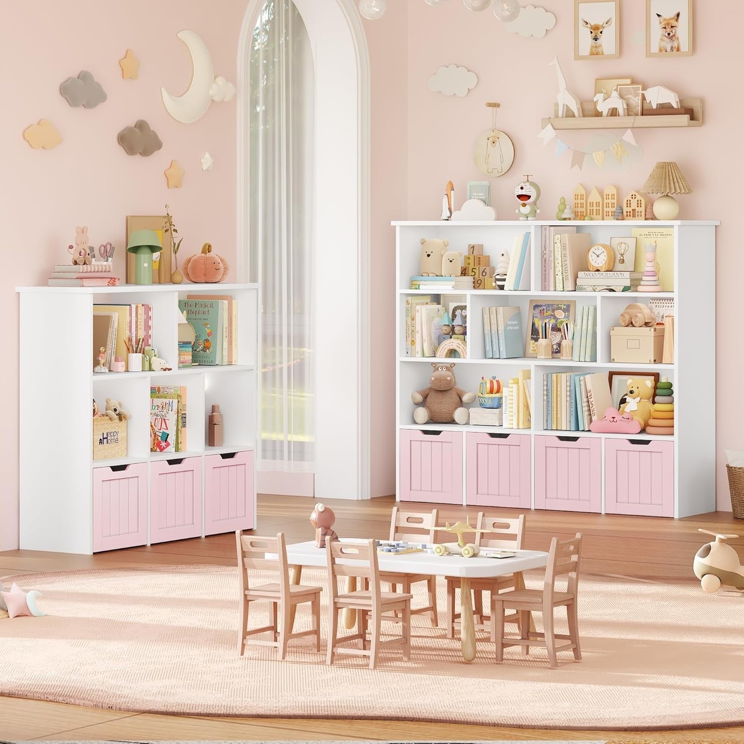 Kids Toy Storage Cabinet with Shelves 4 Drawers Nursery Playroom Organizer Pink