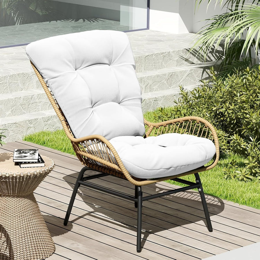 High Back Rattan Patio Armchair Cushioned Outdoor Garden Lounge Chair