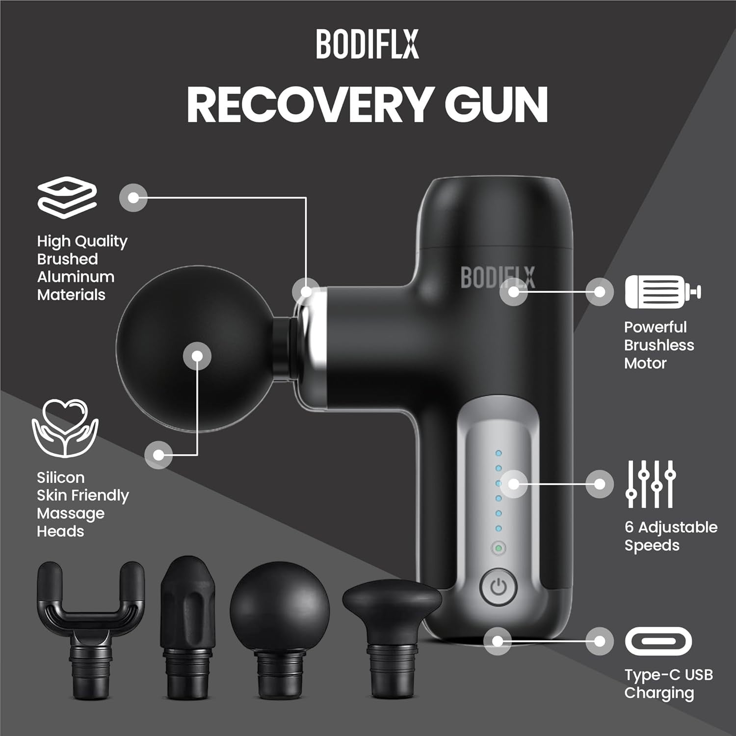 Quiet Mini Massage Gun Deep Tissue Muscle Relief 6 Speed Cordless 4 Heads