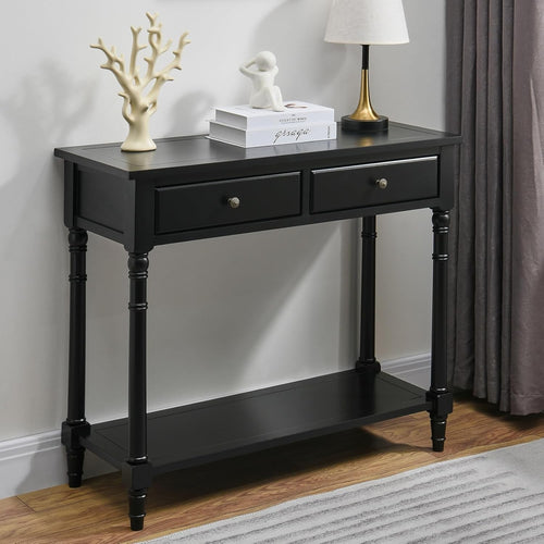 Solid Wood Console Table Black 2 Drawers Shelf Narrow Entryway 90cm