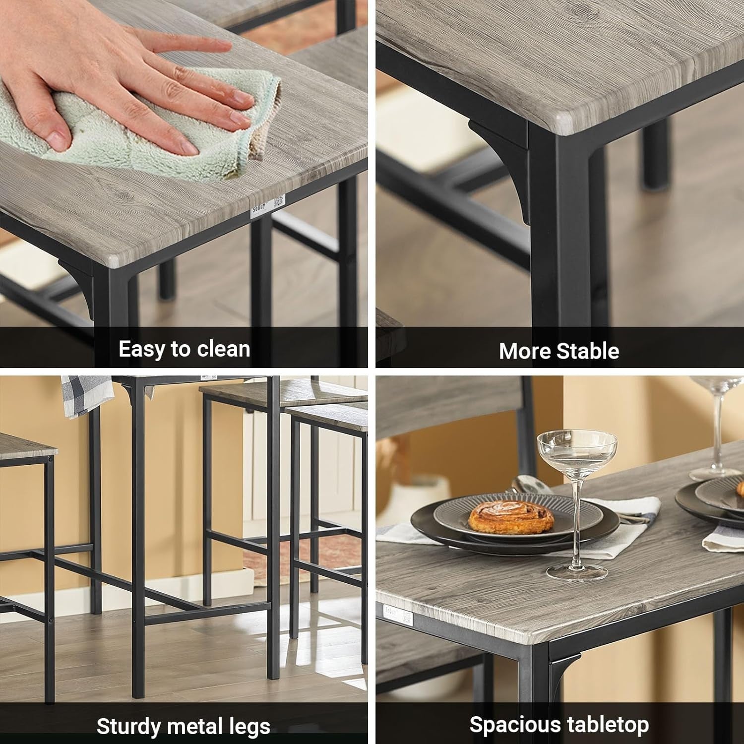 5-Piece Breakfast Bar Table Set w/ 4 Stools Industrial Dining Set Black Natural