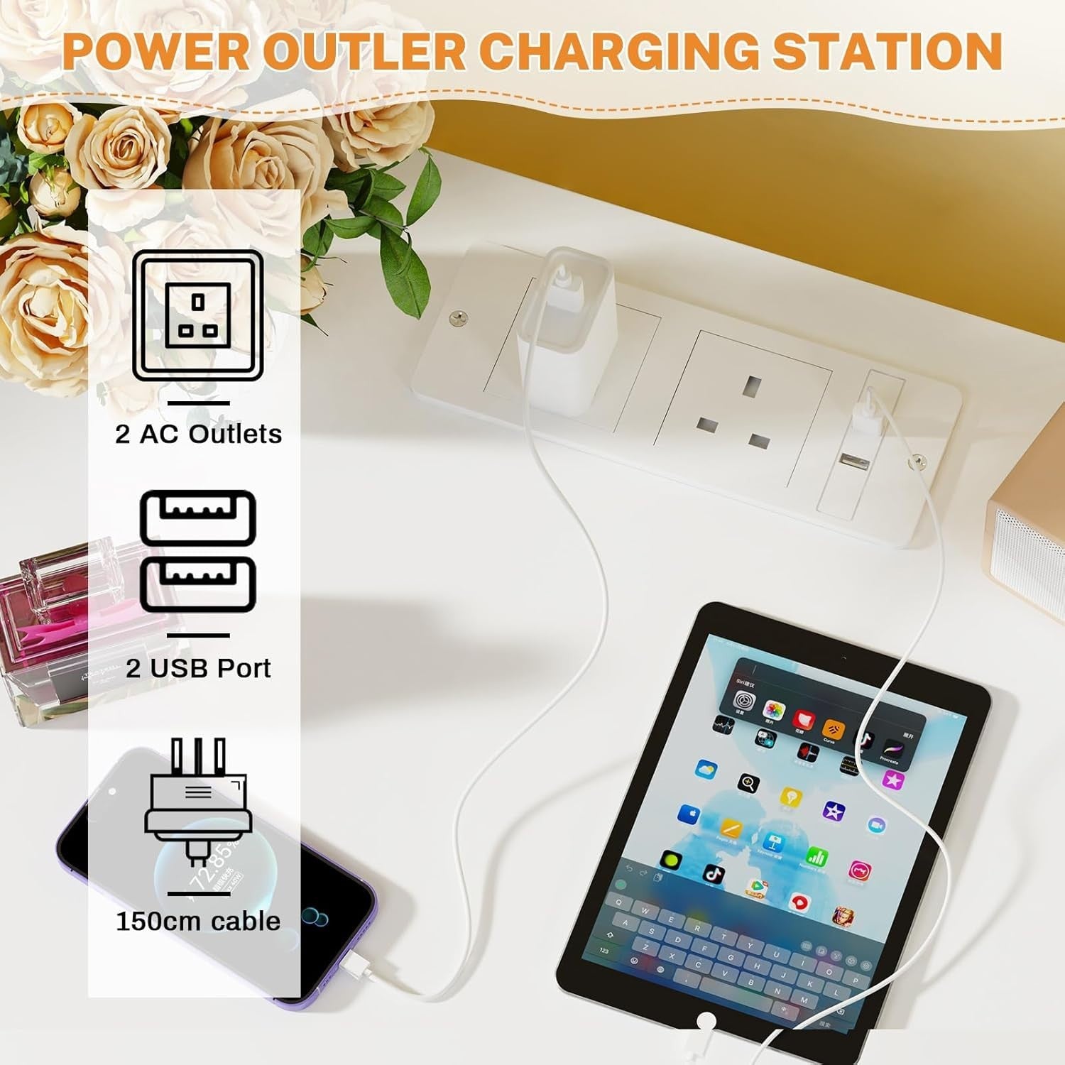 Modern LED Bedside Table with USB Charging, 2 Drawers, Gloss Finish