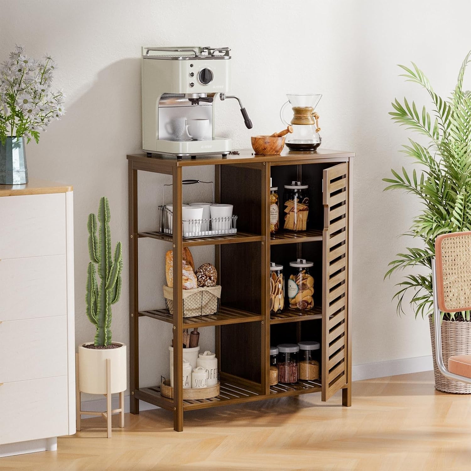 Walnut Bamboo Storage Cabinet with Door & Shelves Modern 63x33x87cm