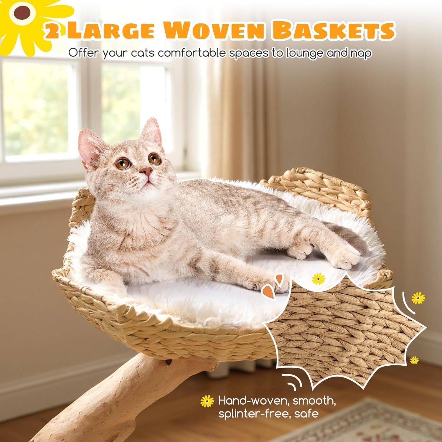 122cm Wooden Cat Tree White Multi Level Tower with Basket Perches & Jute Scratch