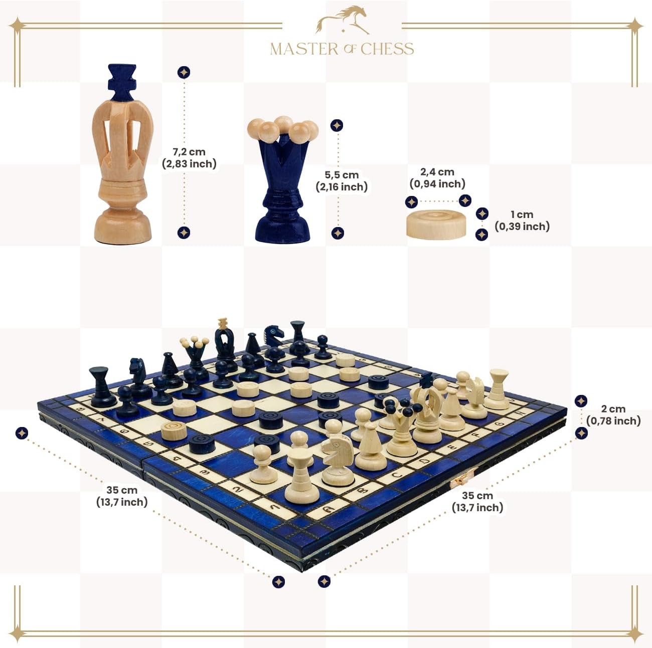 Luxury 2-in-1 Wooden Chess & Checkers Set | 35cm Folding Board | Handmade Gift
