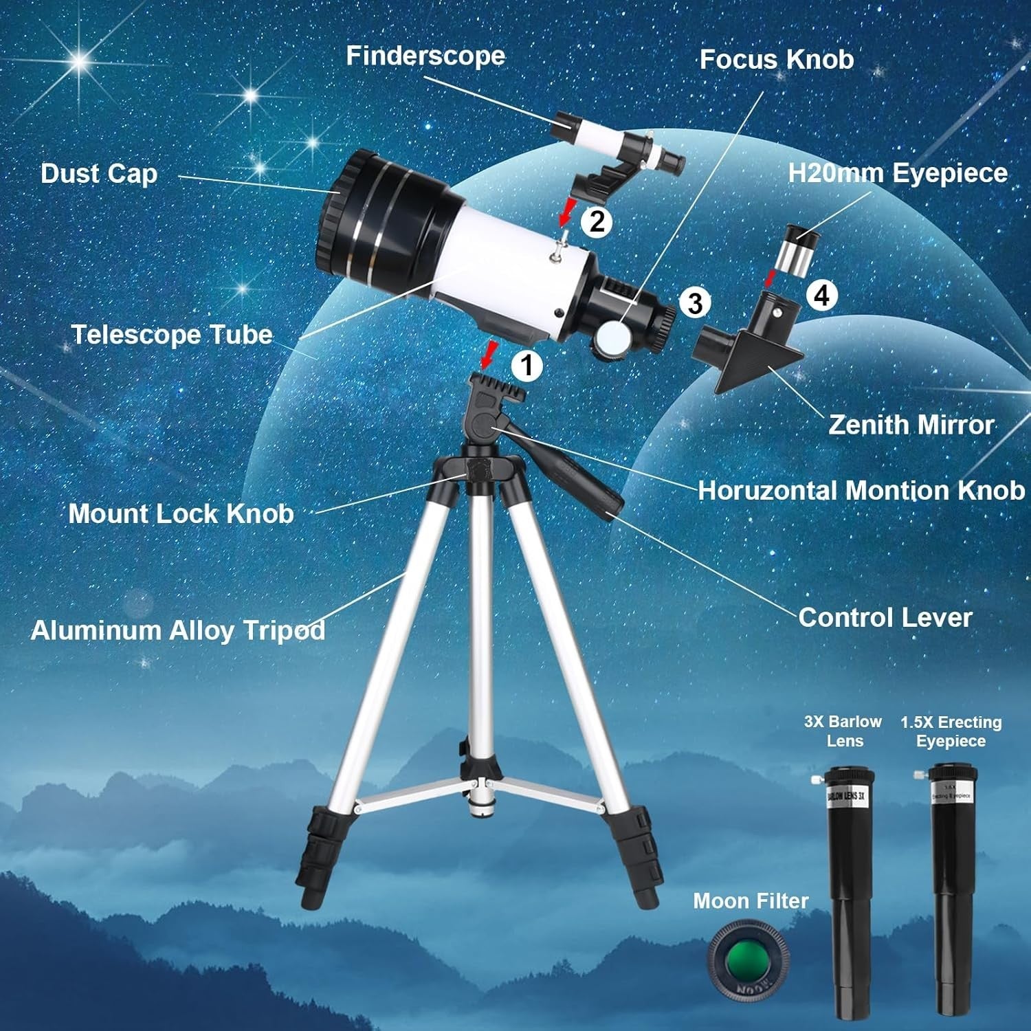 70mm Refractor Telescope 300mm for Kids & Adults, White with Tripod