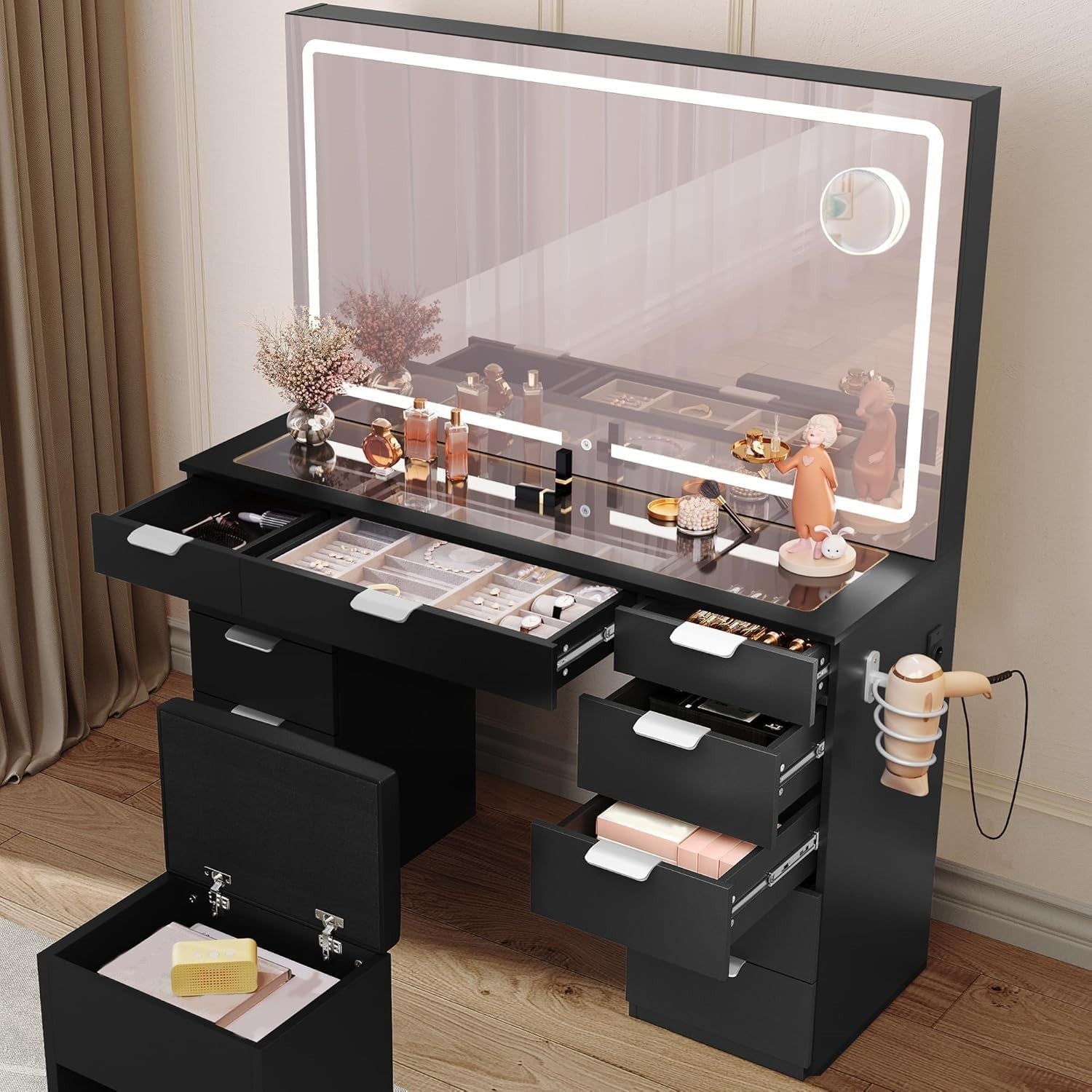 11-Drawer Vanity Makeup Desk Mirror Lights Charging Station Hair Dryer Rack