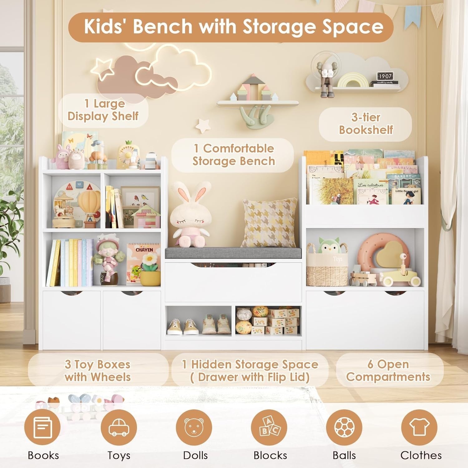 Kids Toy Storage Unit with Bench, 3 Drawers & 7 Shelves – White Organizer