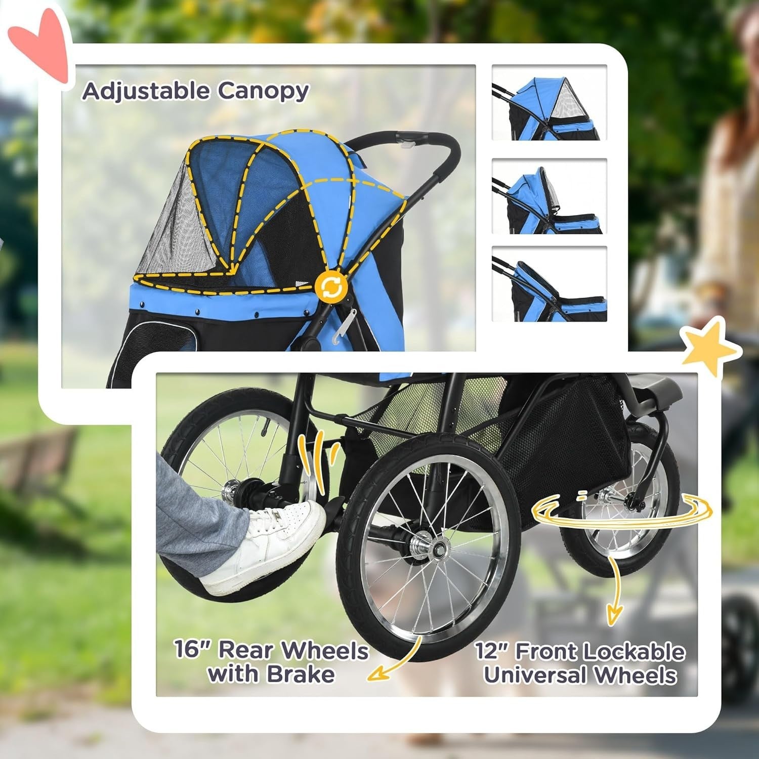 3 Wheel Dog Stroller for Small & Medium Pets up to 20kg, Foldable Jogger