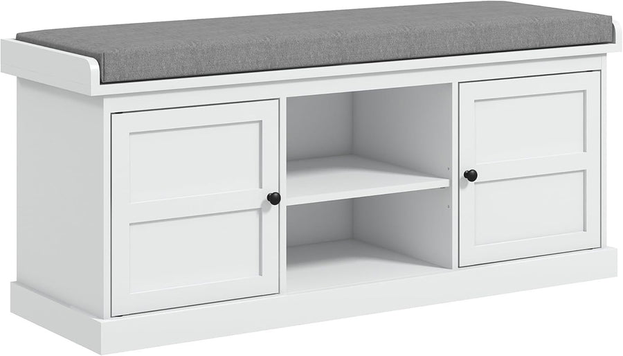 White Shoe Storage Bench with Cushion & 2 Cabinets – Modern Hallway Seat