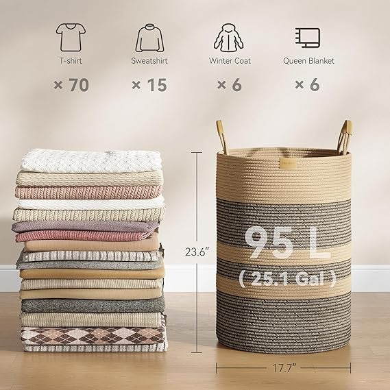 95L Large Foldable Laundry Basket with Leather Handles, Woven Dark Brown Striped