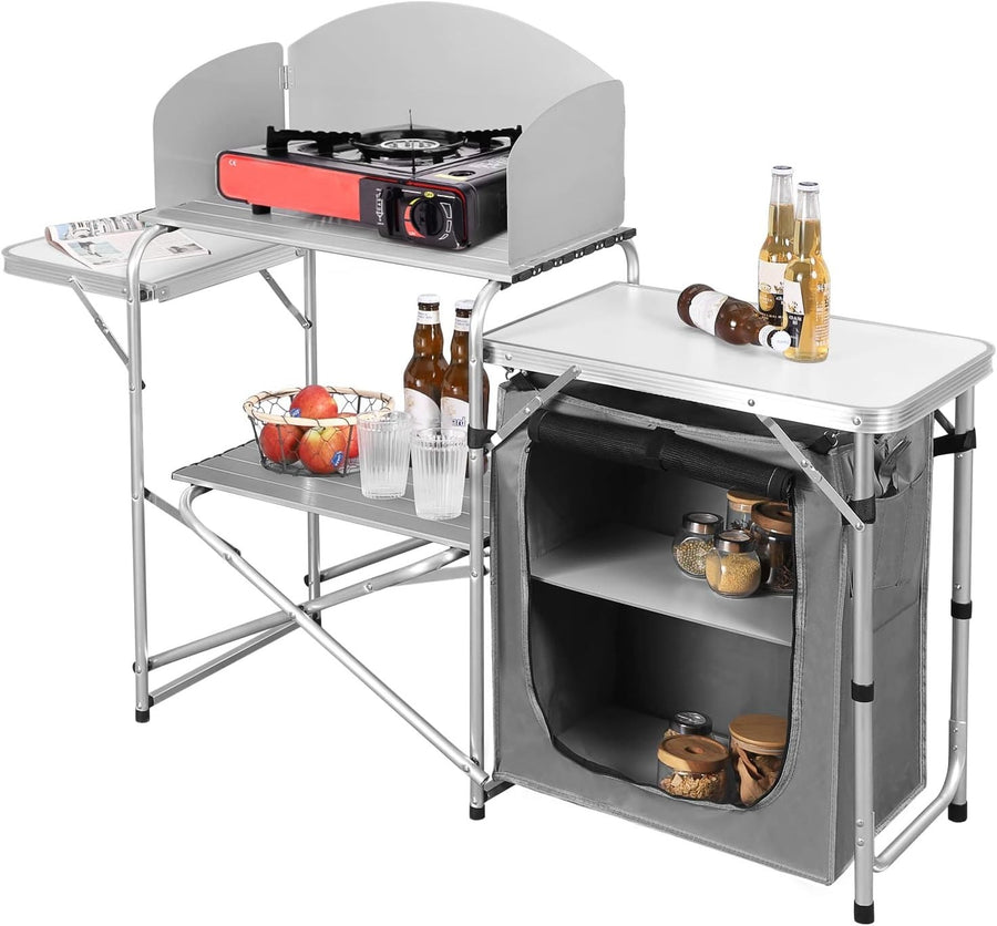 Folding Camping Kitchen Table BBQ Unit w/ Storage, Windshield, Bag
