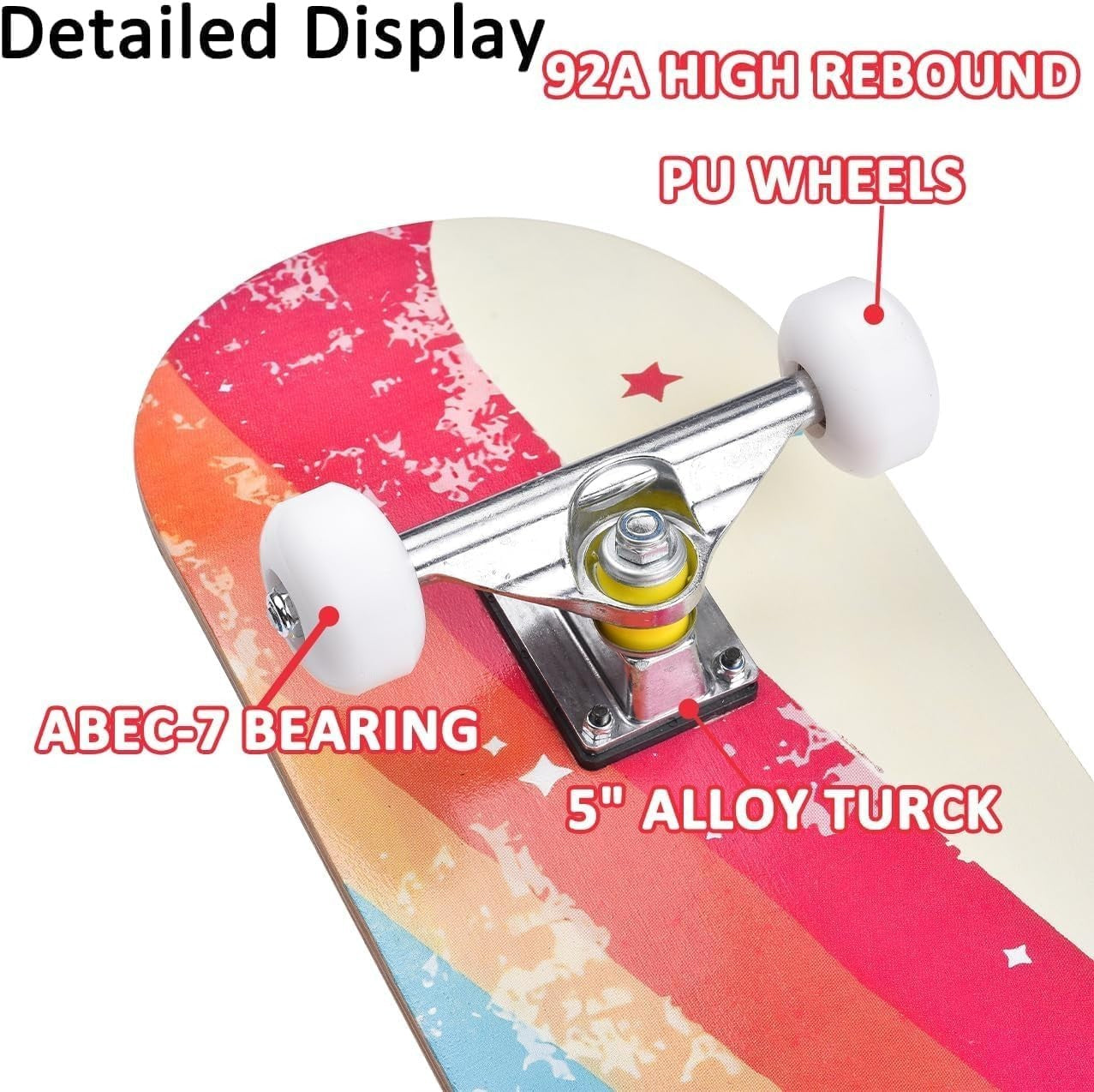 31in Beginner Skateboard Double Kick Maple Deck Rainbow Stripes + T Tool