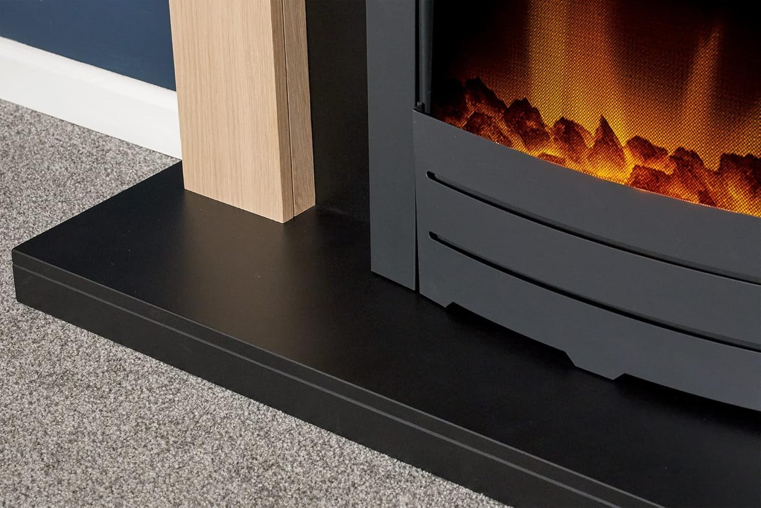 43" Oak Black Wall Electric Fireplace Suite 2kW Heat LED Flame Flat Wall