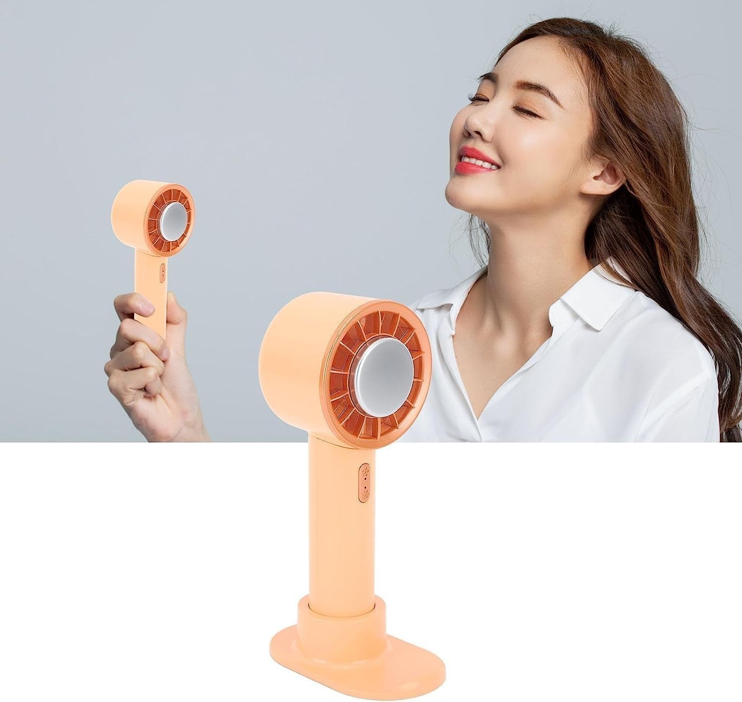 Orange 3-Speed Mini Fan – USB Rechargeable Handheld & Desk Fan w Detachable Base