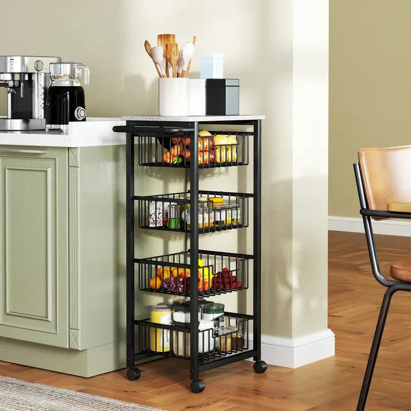 Mobile Kitchen Island Trolley with 4 Mesh Drawers & Marble Top