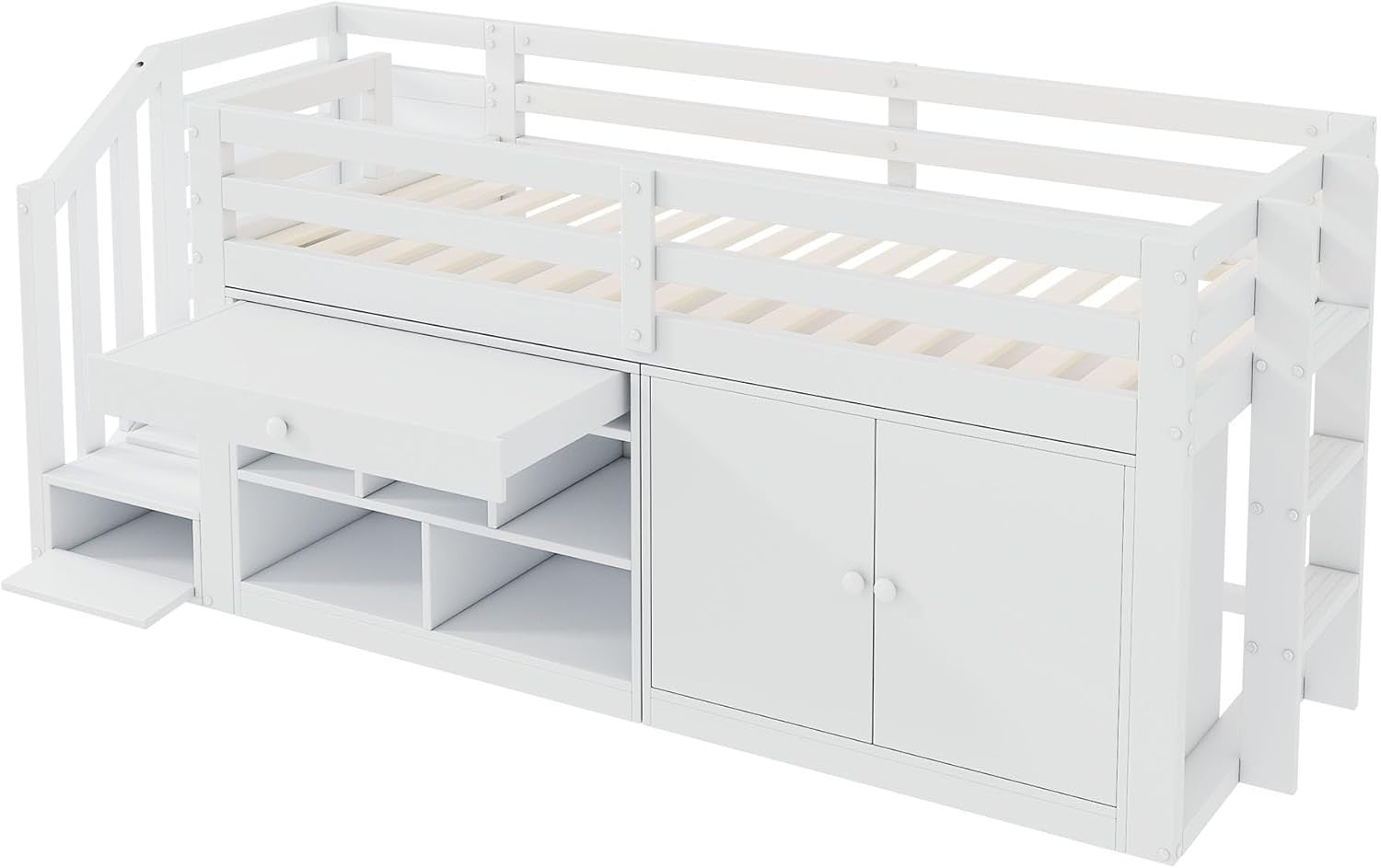 White Kids Cabin Bed with Storage Drawers, Desk & Steps 90x190cm