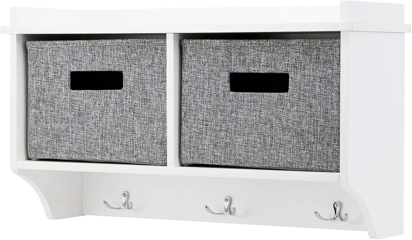 White Wall Mounted Coat Rack | 3 Hooks & 2 Fabric Baskets Hallway Shelf