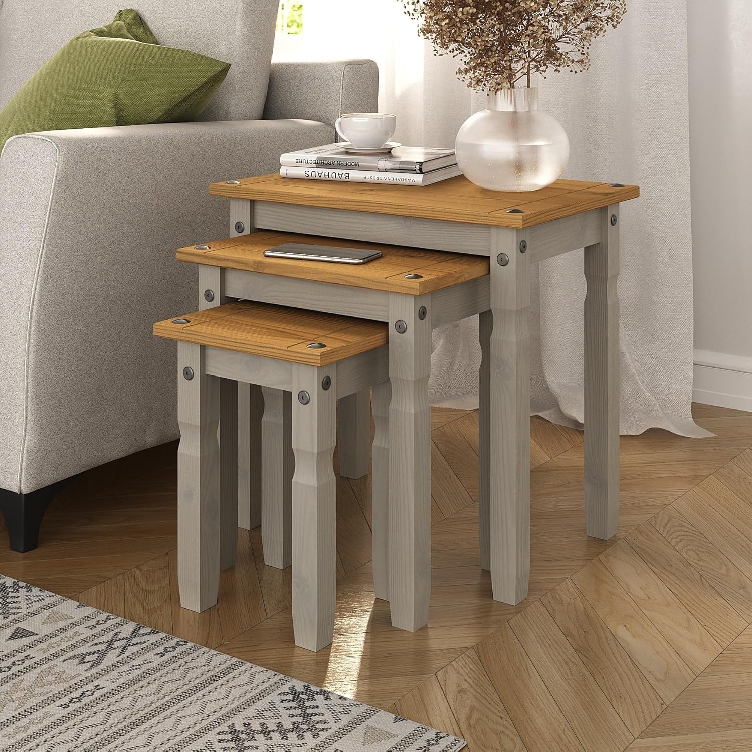 Grey Waxed Pine Nest of 3 Tables Living Room Side End Coffee Set Furniture