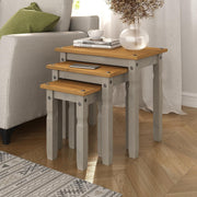 Grey Waxed Pine Nest of 3 Tables Living Room Side End Coffee Set Furniture