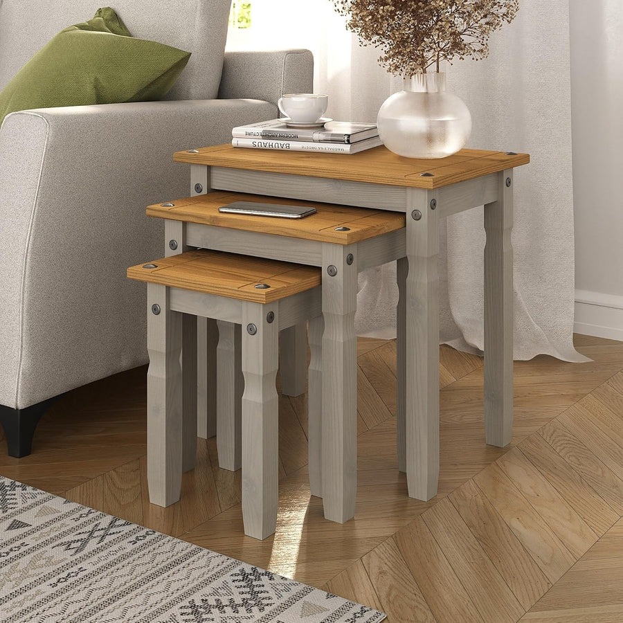 Grey Waxed Pine Nest of 3 Tables Living Room Side End Coffee Set Furniture