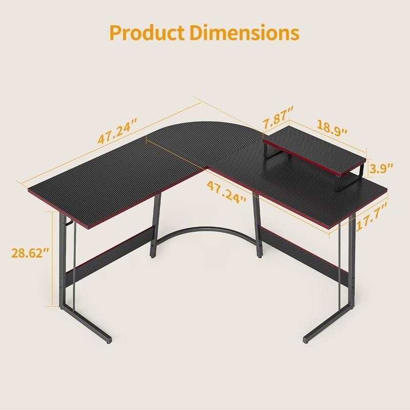 L-Shaped 120cm Gaming Desk with Monitor Stand & Headset Hook, Black Carbon