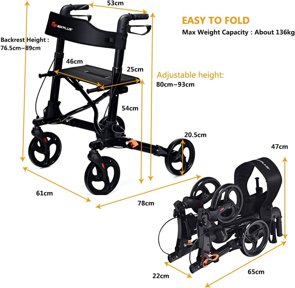 Lightweight Folding Rollator Walker with Seat Dual Brakes Storage Bag
