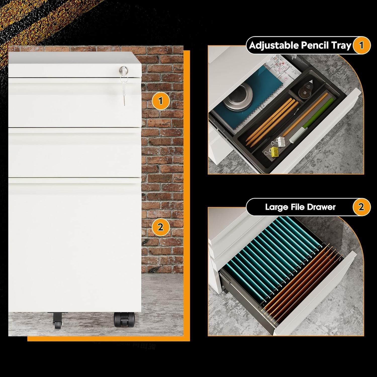 White 3 Drawer Lockable File Cabinet 43x37x60cm Mobile Under Desk