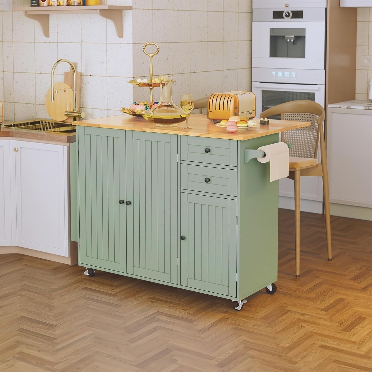 Green Rolling Kitchen Island Cart Drop Leaf 128cm Storage