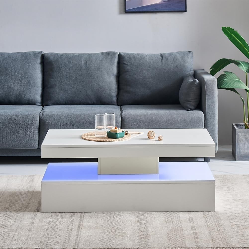 White High Gloss Coffee Table with 16-Color LED Lights – Modern Living Room