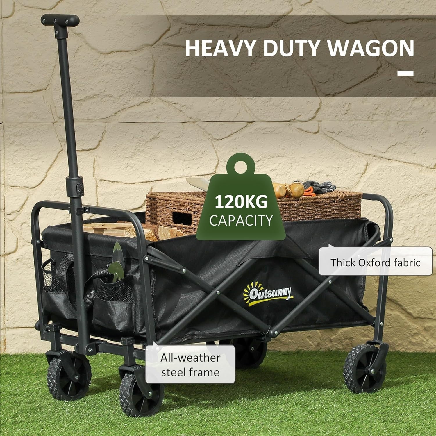 Black Folding Festival Trolley 62L Heavy Duty Garden Camping Beach Wagon 120kg