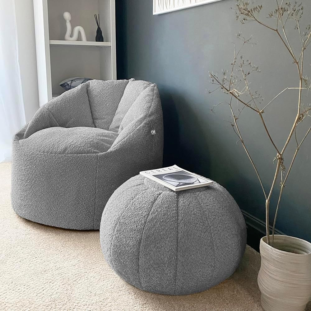 Luxury Large Grey Bean Bag Chair with Pouffe | Family Friendly Comfort Seat