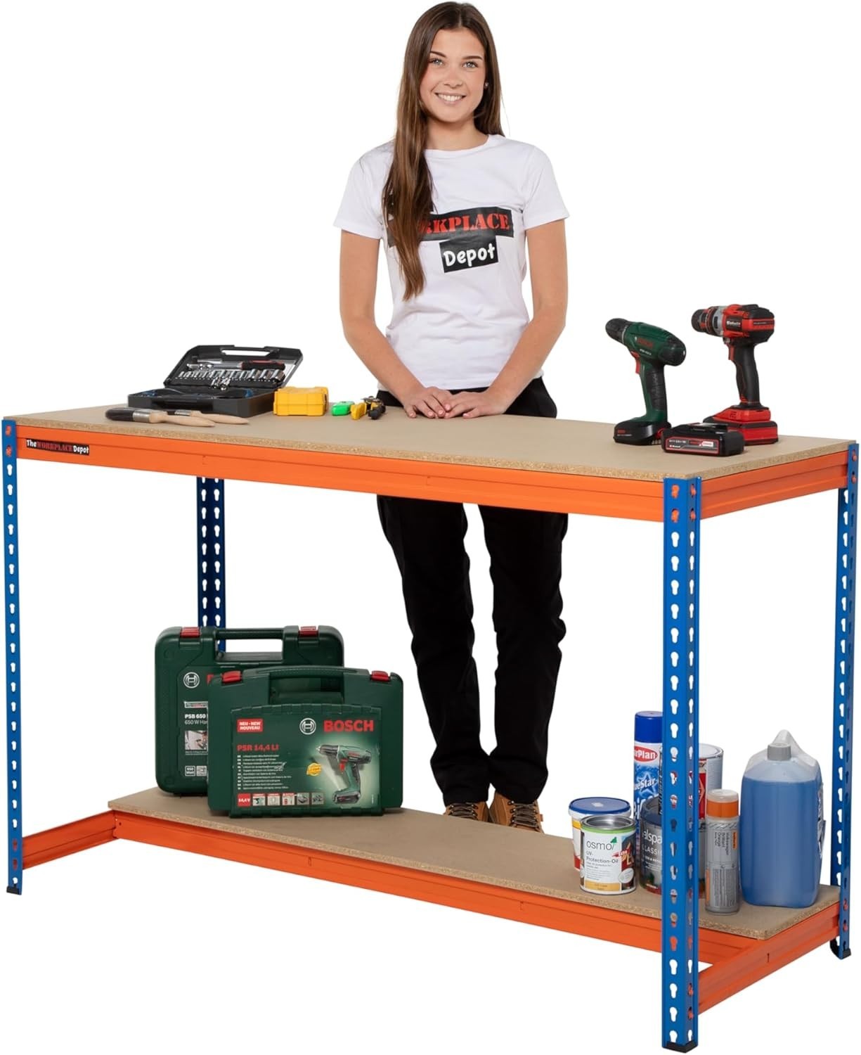 Heavy Duty Workbench 500kg Steel 2 Tier Garage Station with Chipboard Shelves
