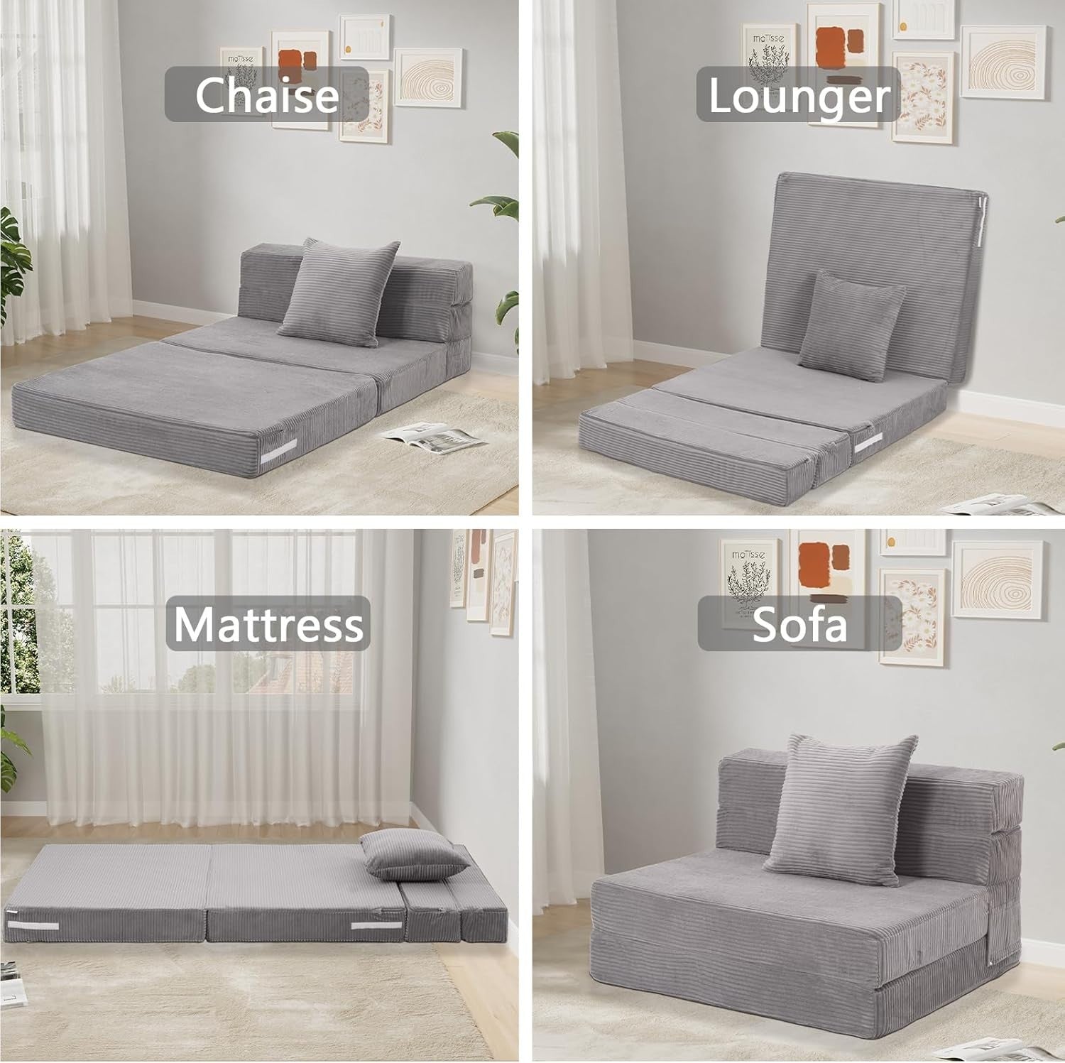 Folding Sofa Bed Chair Z Single 190x90cm Guest Mattress Lounger Grey