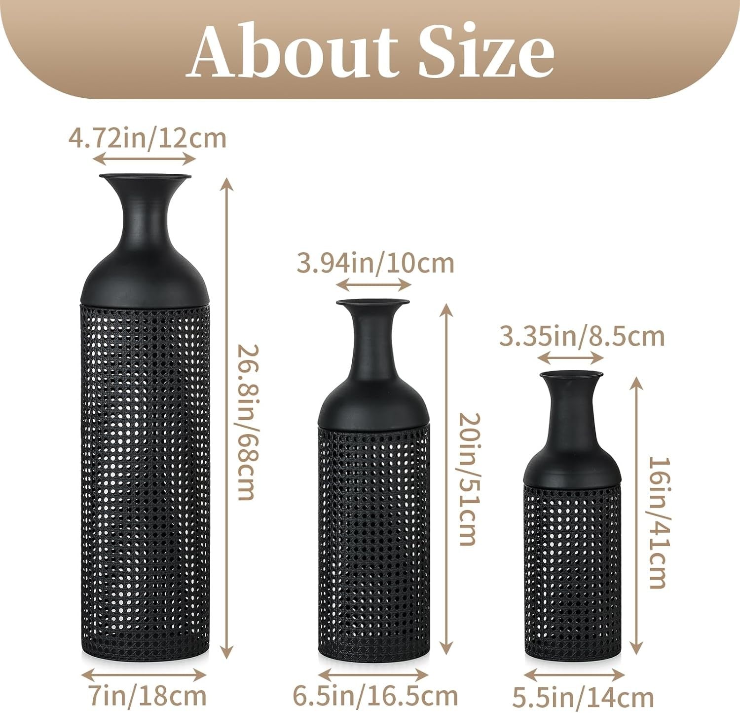 Black Metal Floor Vase Set Tall Modern Living Room Decor 3pcs Statement