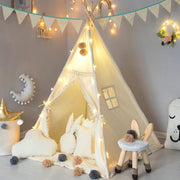 Kids Teepee Tent Cotton Canvas w Mat Banner Tassels Room Decor