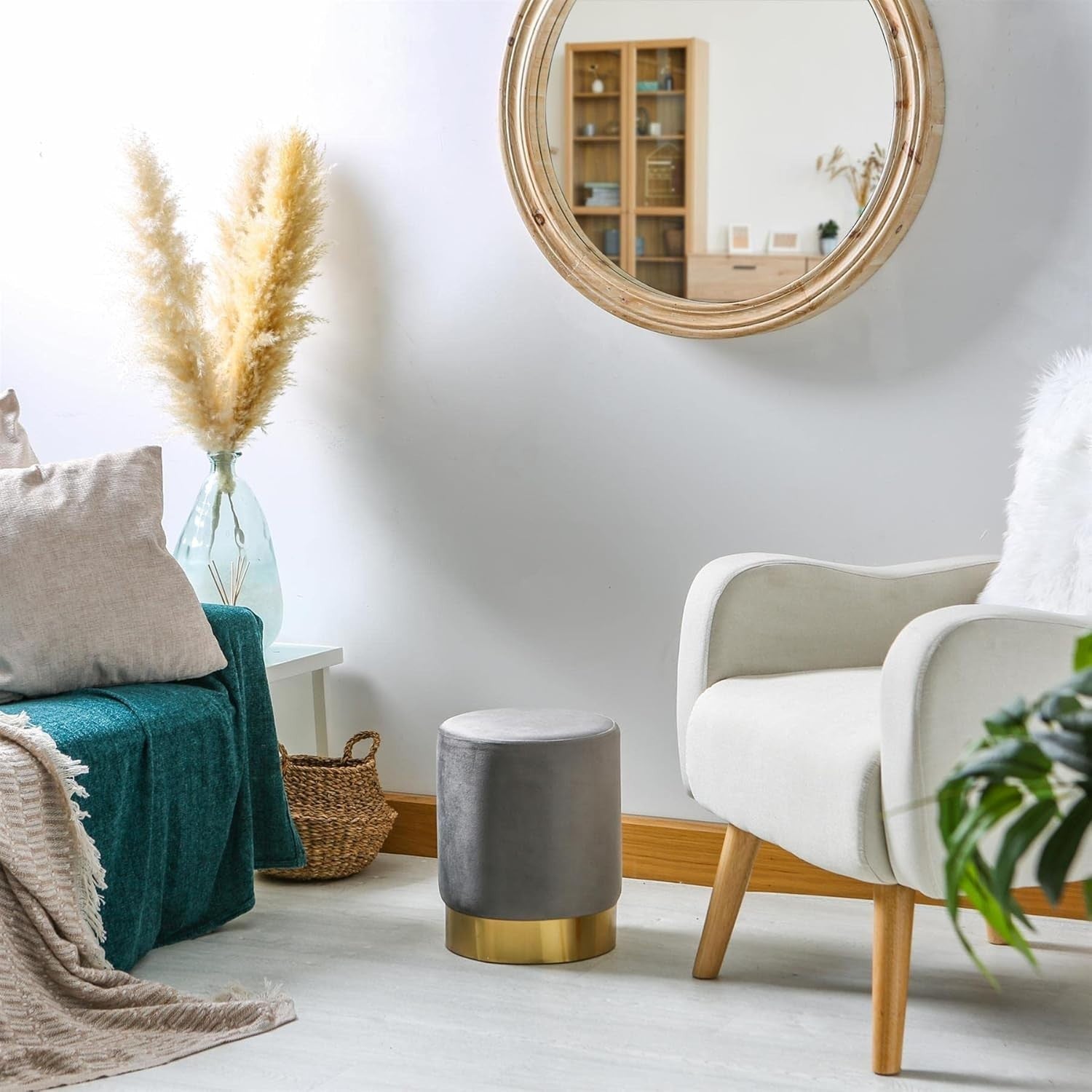 Grey Velvet Round Pouffe Footstool Modern Accent Seat 29x36cm