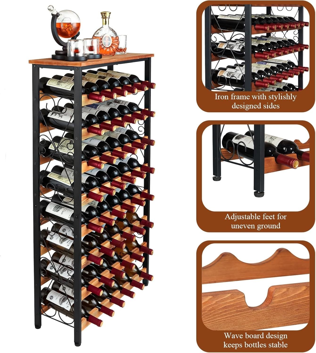 48 Bottle Wine Rack Floor Standing with Wood Top Shelf Rustic 8-Tier Storage