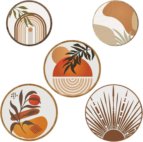 5-Piece Boho Wooden Wall Art Round Panels Living Room Decor