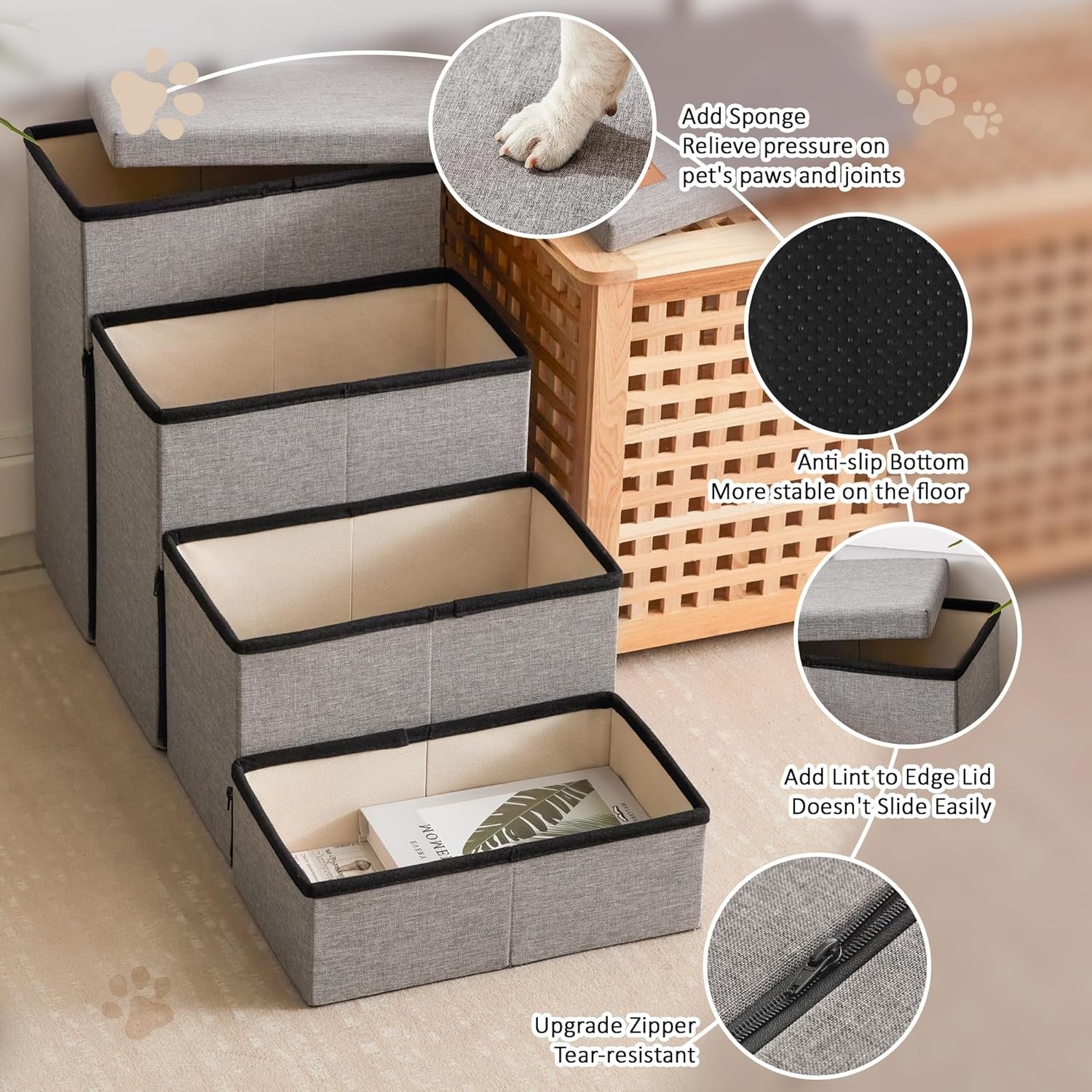 Dog Stairs 4 Step with Storage Foldable Pet Steps Solid Grey 200lb