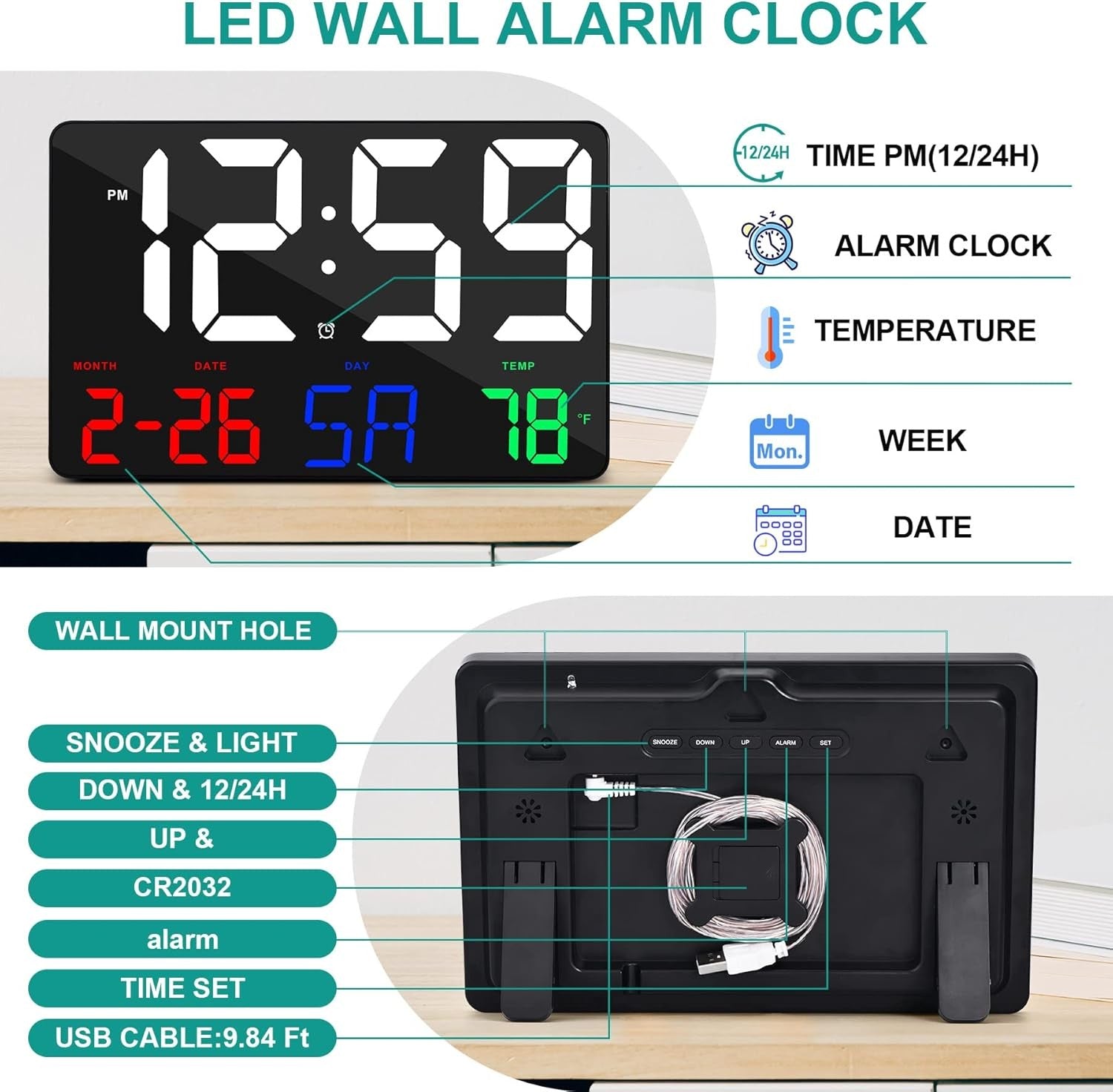 Large Digital Wall Clock Black 11.5″ LED Remote Alarm Date Temp Display